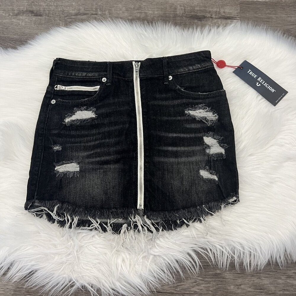 True Religion Womens Small Black Wash High Rise Zip Front Raw Hem Denim Skirt
